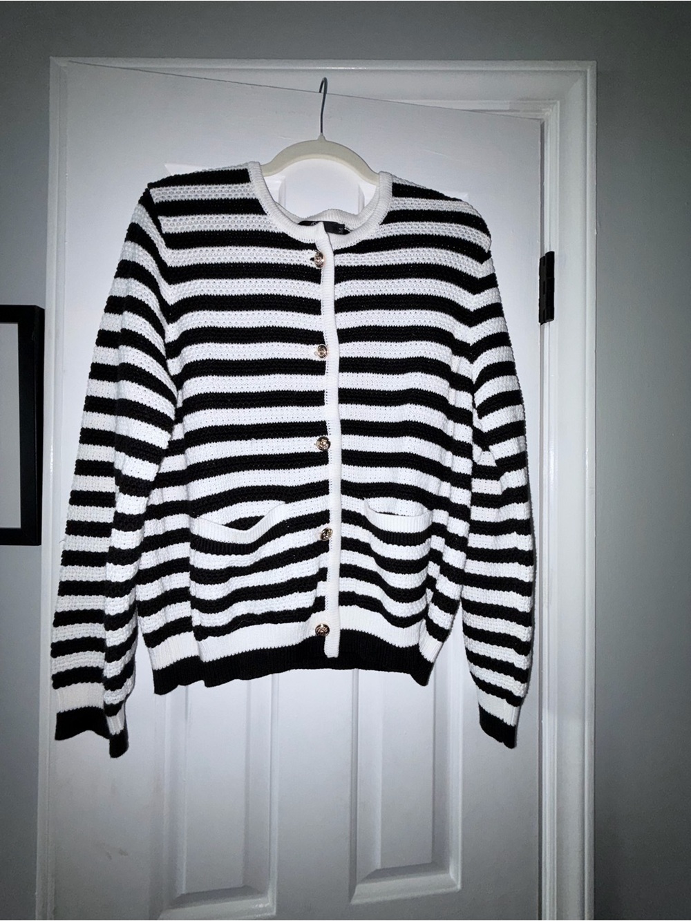 Striped Black and White Button-Front Women’s Cardigan